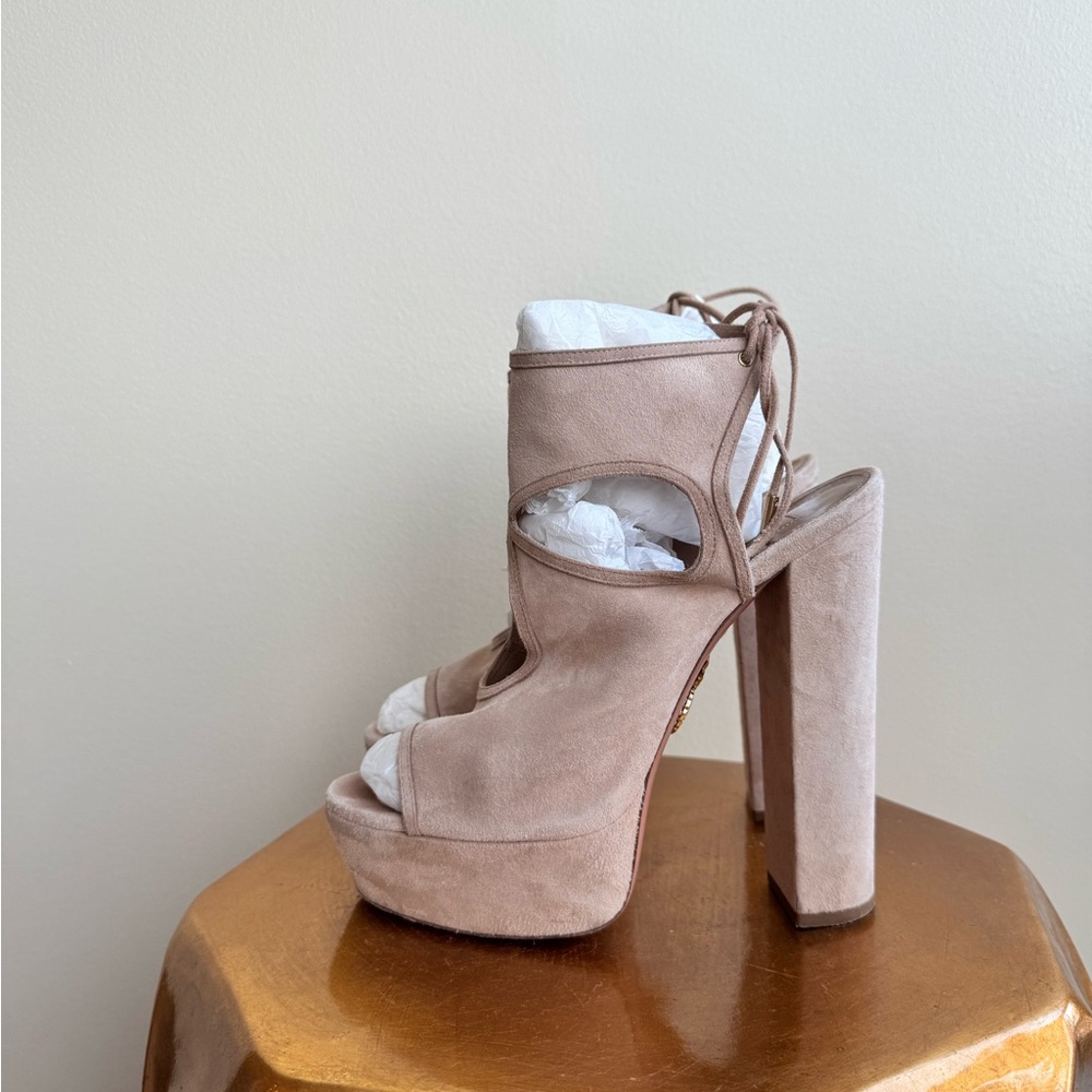 Celebrity-loved Aquazzura Sexy Thing Suede Platform Sandals in blush, size 9.5